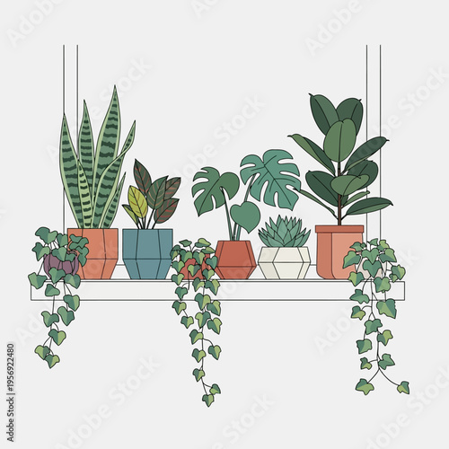 Various houseplants in decorative pots on a shelf, indoor jungle, home decor