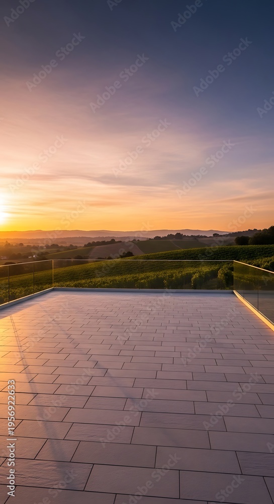 Naklejka premium Beautiful sunset over rolling hills and vineyards with a modern patio in the foreground, creating a serene and luxurious outdoor living space.
