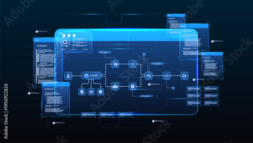 AI workflow automation artificial intelligence. ai agent network diagram dashboard machine learning architecture flow process, coding and automation system.