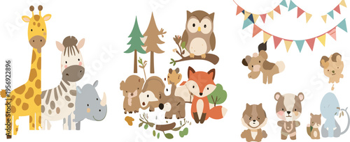 Cute forest and safari animals collection with giraffe zebra fox owl and woodland characters cartoon flat vector illustration set isolated
