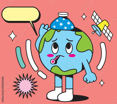 Ill Earth character having high fever with a thermometer in mouth and an ice pack on head.