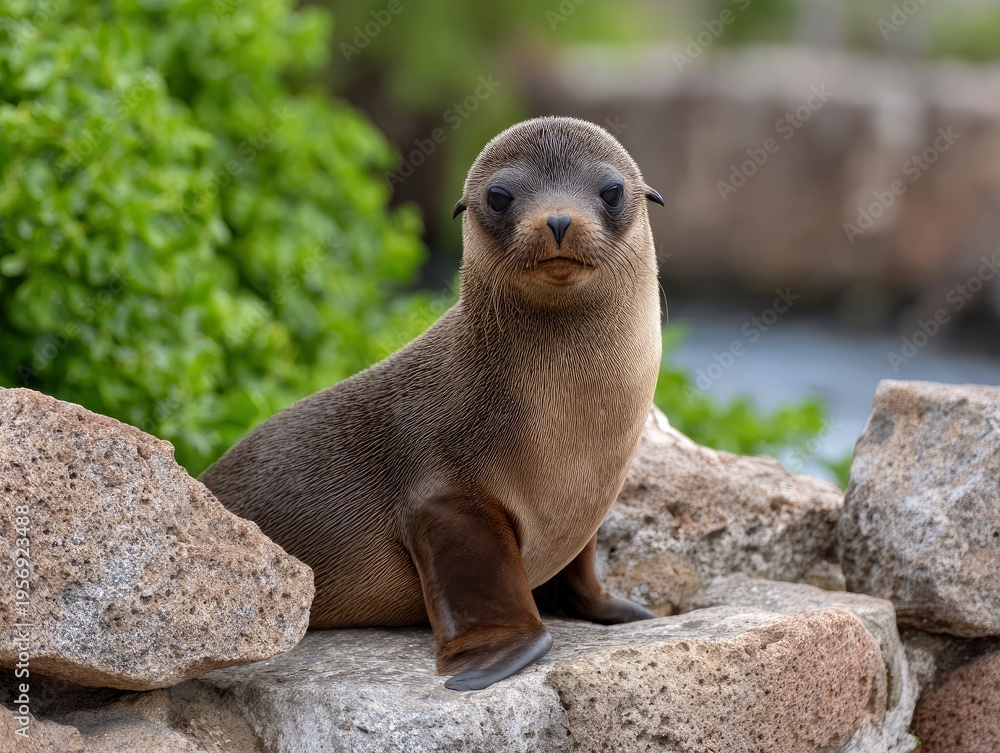 Obraz premium An adorable marine mammal pup with sleek, wet fur and captivating dark eyes sits thoughtfully on textured coastal rocks. The young sea creature appears to be observing its surroundings with a gentle c