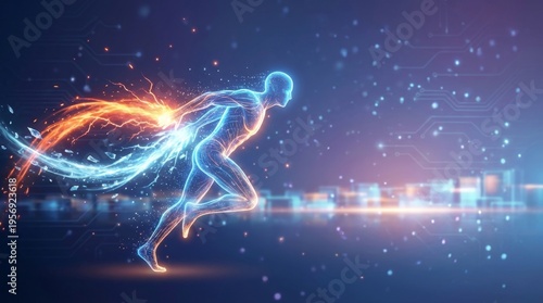 Dynamic Energy Burst of Human Figure in Motion with Light Effects