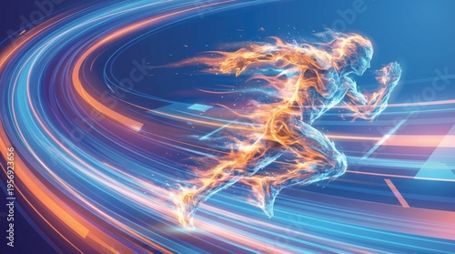 Dynamic Abstract Athlete Sprinting with Fire and Light Effects