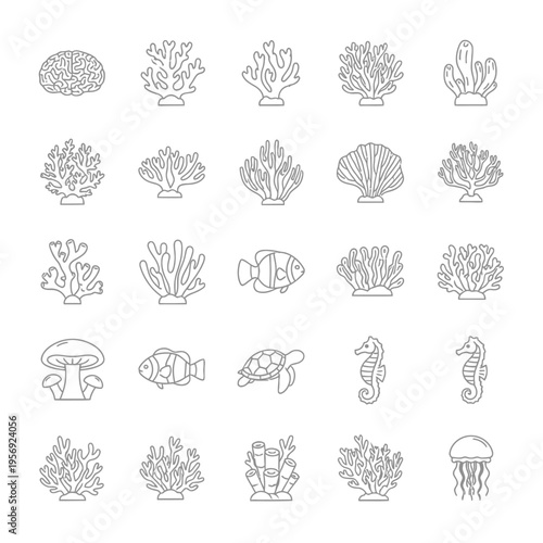 Underwater Life Icons: Coral Reef, Fish, Seahorse, Turtle, Jellyfish, Brain Coral
