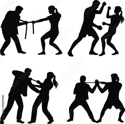 Black silhouettes of men and women practicing self-defense techniques, martial arts training, physical combat, and personal safety maneuvers isolated on a clean white background