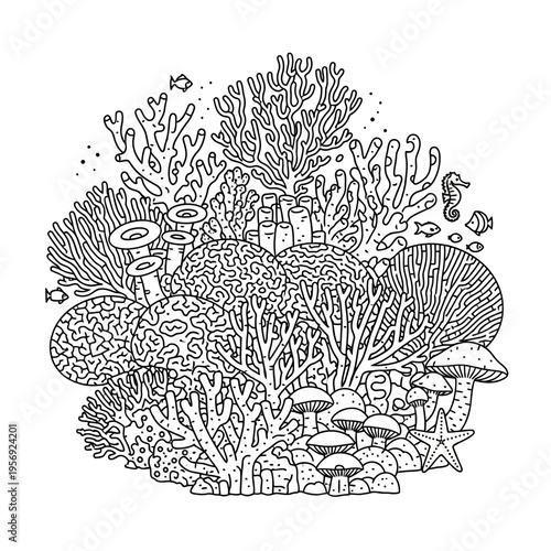 Underwater Coral Reef Ecosystem: Diverse Marine Life and Flora Illustration