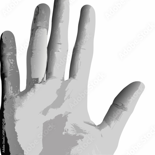 A grayscale image depicting a human hand with outstretched fingers