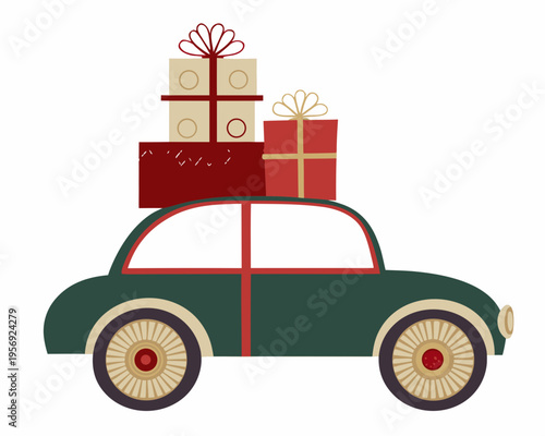 Festive green car carrying stacked gift boxes holiday illustration