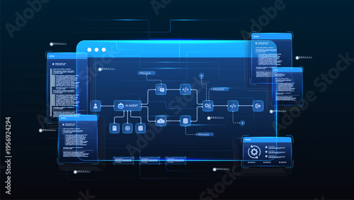 AI workflow automation artificial intelligence. ai agent network diagram dashboard machine learning architecture flow process, coding and automation system.
