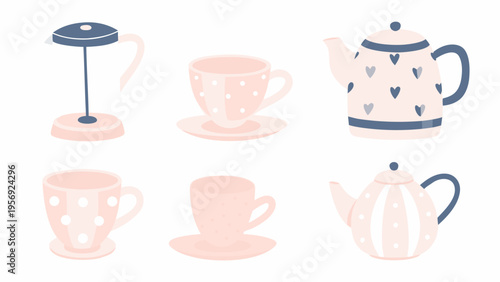 Pastel colored teapots cups and a lamp in a simple illustration