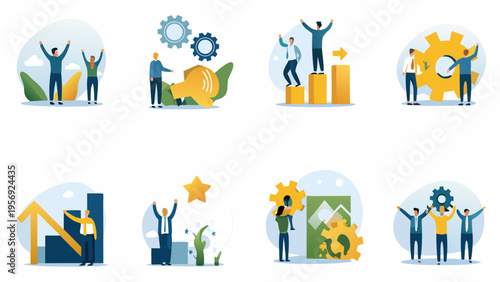 Illustrative scenes depicting business success teamwork and innovative growth