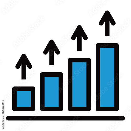 棒グラフを大きく追い越す上昇矢印のビジネスアイコン（2色・青・急成長・飛躍・Ｖ字回復・市場独占）