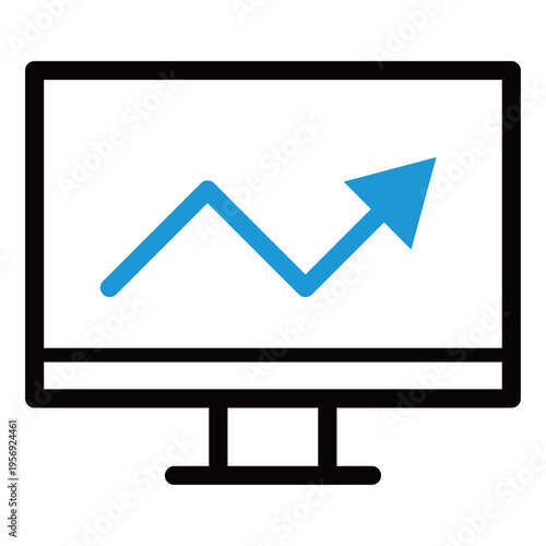 PCモニターと上昇トレンドのビジネスアイコン（2色・青・デジタルマーケティング・Web分析・オンライン成功）