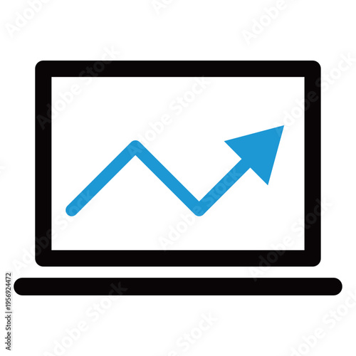 ノートパソコンと上昇トレンドのビジネスアイコン（2色・青・リモートワーク・Web分析・モバイルサクセス）