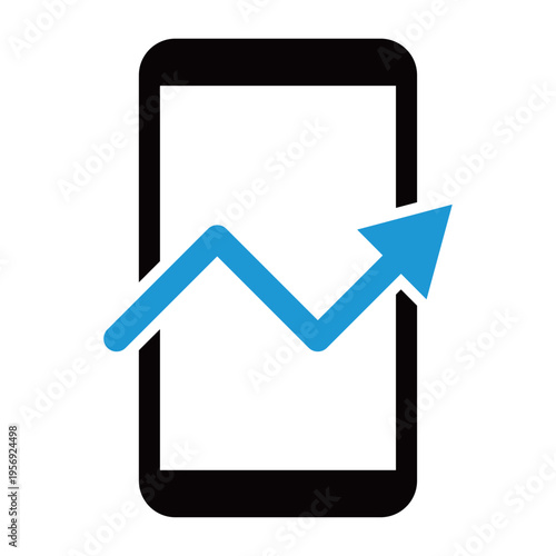 スマートフォンと上昇トレンドのビジネスアイコン（2色・青・モバイルマーケティング・アプリ分析・アクセス数向上）