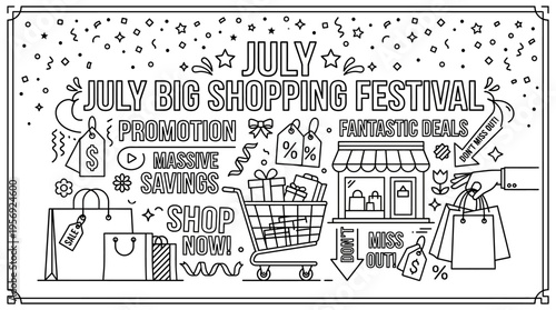 Black and White July Big Shopping Festival Doodle