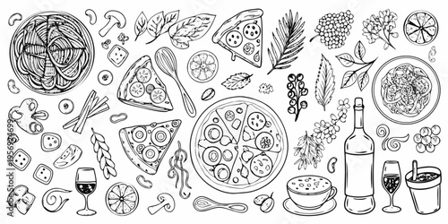 Hand drawn illustration of italian food wine and various ingredients