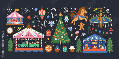 Festive winter carnival scene with christmas trees and joyful elements