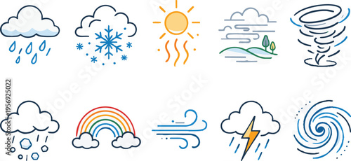Weather icons depicting various conditions including rain, snow, sunshine, and storms