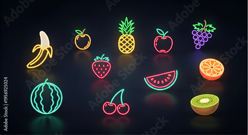 Set of Glowing Neon Fruit Signs, Colorful Healthy Food Icons for Night Cafe or Juice Bar