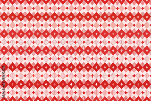 Red and white diamond patterned tablecloth fills the entire frame