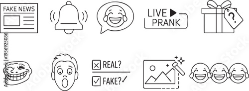 Various social media icons and symbols for fake news and pranks
