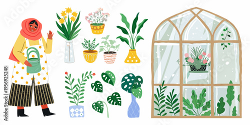 A gardener tending to various plants within and near a greenhouse