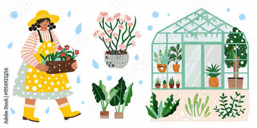 A gardener carries plants near a greenhouse on a rainy day