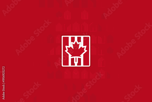 Canadian flag emblem superimposed on a blurred cityscape red background