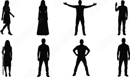 Black silhouette vector of men and women in varied postures and attire, symbolizing fashion, gesture, body language, diversity, and human presence