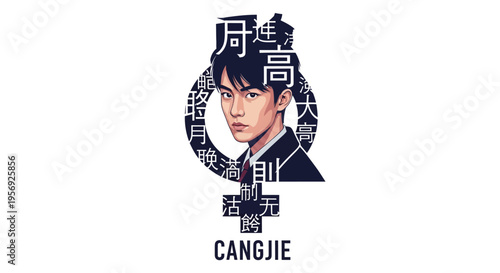 Young Asian man in suit with stylized Chinese characters and 'CANGJIE' text vector illustration