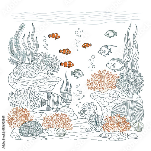 Underwater scene with clownfish, coral, and aquatic plants in a clear aquarium