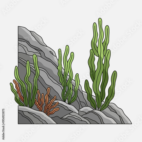 Underwater rock formation with vibrant green kelp and coral, aquatic ecosystem illustration