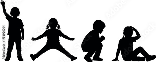 Black silhouette of children in various active poses including standing waving jumping squatting and sitting isolated on a white background