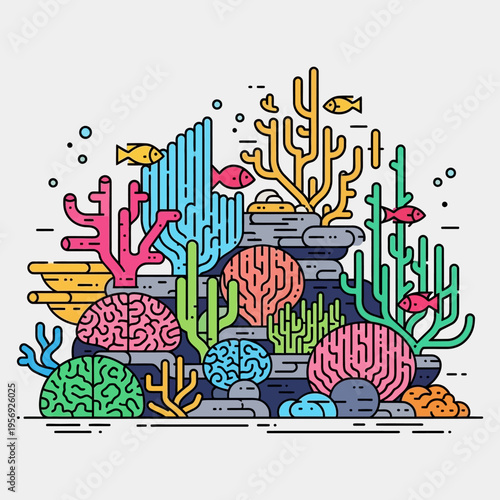 Vibrant Coral Reef Ecosystem with Colorful Fish and Marine Life Illustration