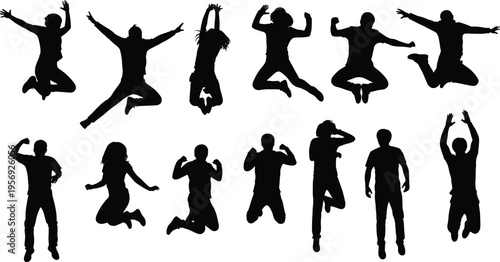 Black silhouette vector of people jumping, standing, celebrating, flexing, and posing dynamically, showing human motion, energy, expression, and body movement