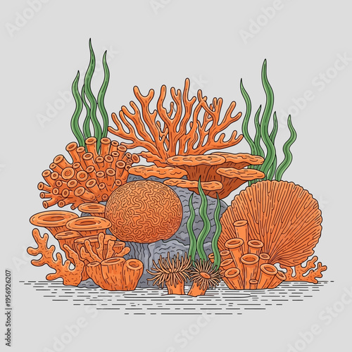 Vibrant Coral Reef Ecosystem Illustration: Orange Corals, Seaweed, and Marine Life