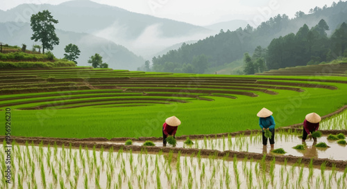 Three Vietnamese farmers planting rice in lush green terraced fields with misty mountains background
