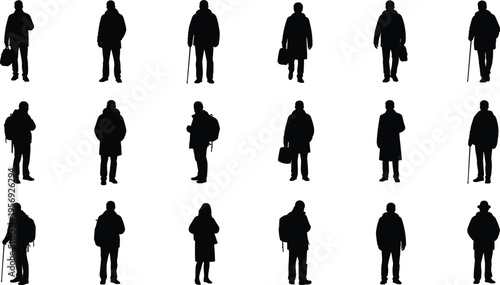 Black Silhouettes of People Men and Women in Winter Clothing Standing with Backpacks Bags and Walking Sticks Isolated on White Background Illustration