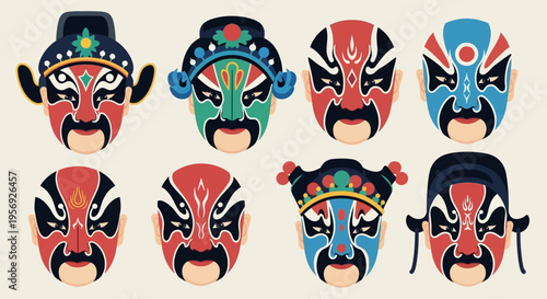 Set of 8 traditional Chinese Peking opera masks vector illustrations with colorful facial makeup