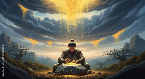 Enlightened Monk Writing on Stone with Golden Light from Dark Clouds in a Mystical Landscape