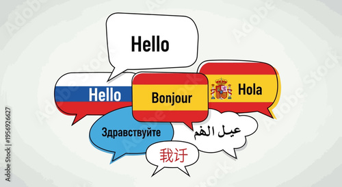Multilingual Hello speech bubbles with various country flags for global communication and language learning vector