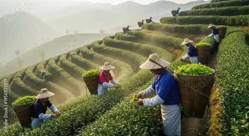 Workers harvesting fresh green tea leaves on terraced plantations in a sunny mountain landscape