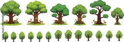 Forest tree collection with woodland animals deer and lush green foliage nature cartoon vector illustration set isolated