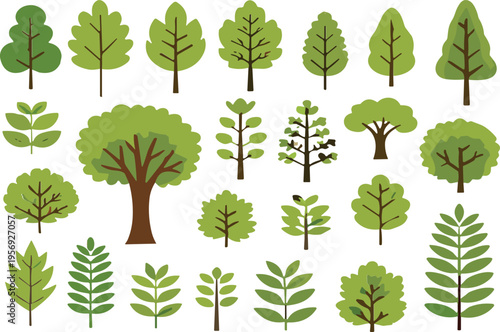 Green tree and plant collection with various forest foliage leaves and nature elements flat vector illustration set isolated