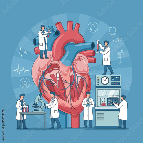 Medical Scientists Researching Heart Health with Laboratory Equipment and Human Anatomy