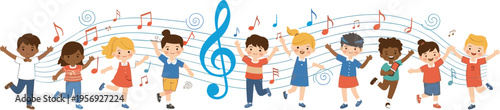 Happy kids dancing with music notes and treble clef children singing and playing cartoon vector illustration set isolated