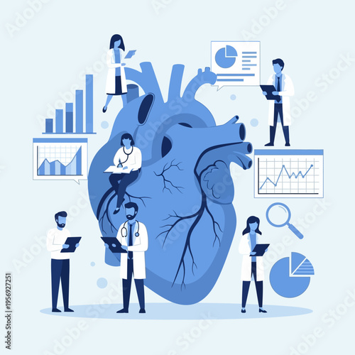 Medical Team Analyzing Giant Heart with Data Charts and Graphs