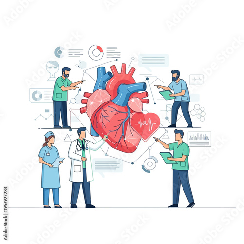 Medical Team Analyzing Human Heart Model with Data Charts